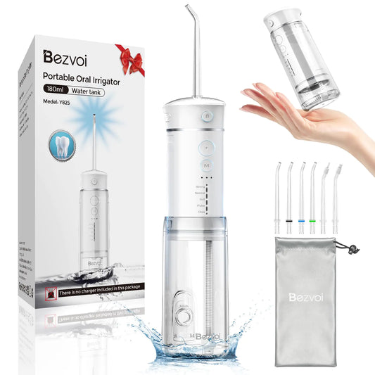 Water Flosser Mini Cordless Portable: 5 Modes Water Dental Floss with Telescopic Water Tank 6 Tips IPX7 Waterproof Oral Irrigator for Teeth Cleaning GumsOrthodonticBraces Dental Care (White)