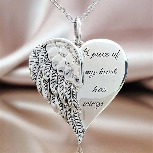 Angel Wings Engraved Necklace with Heart Pendant